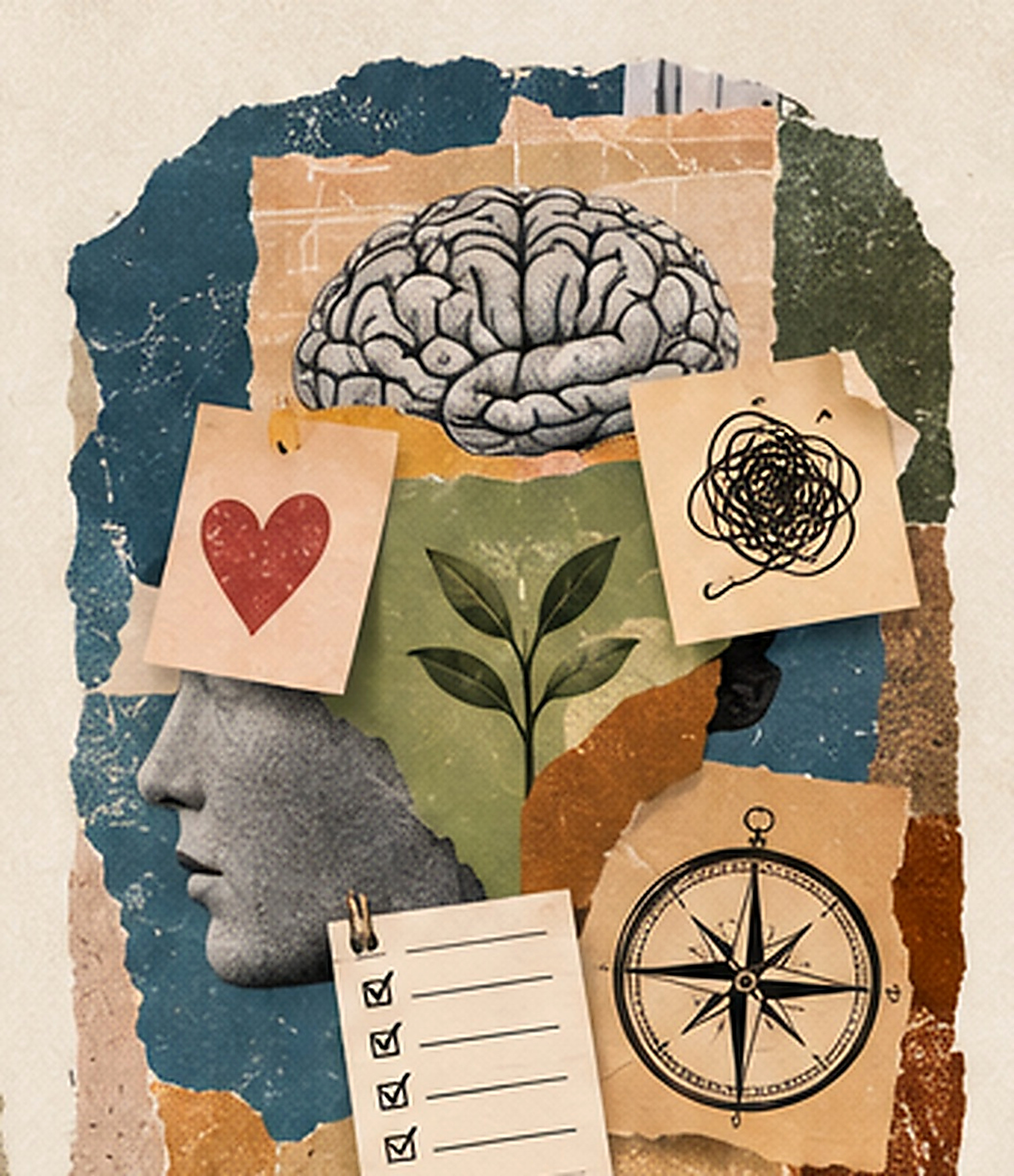 Colagem sobre pensamentos, emoções, comportamentos e Terapia Cognitivo-Comportamental